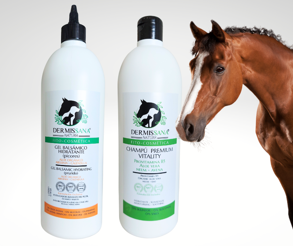 El champu premium de dermissana y la locion para picores protege la piel de de tu caballo
