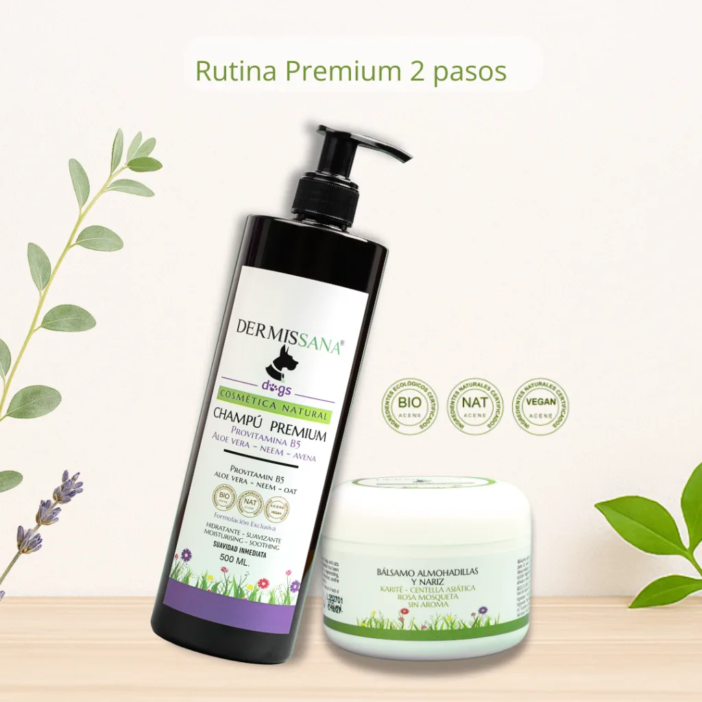 Pack rutina premium 2 pasos natural para perros: champú premium y bálsamo de almohadillas Dermissana Natura