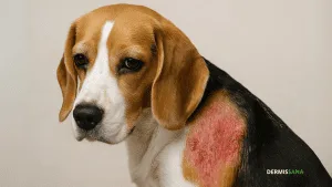 Perro con zona sin pelo y piel enrojecida por dermatitis