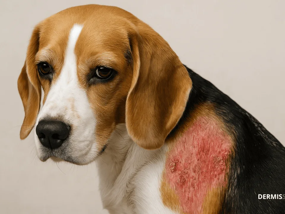 Perro con zona sin pelo y piel enrojecida por dermatitis