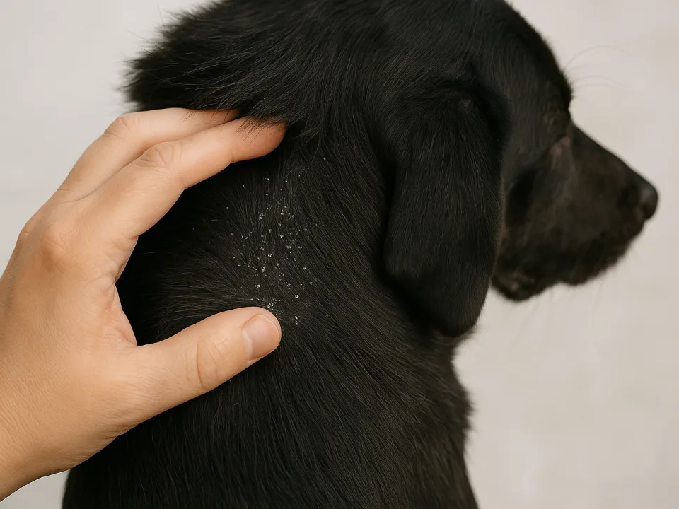 caspa en perros, polvito blanco en el lomo de un perro de pelo negro, guía de Dermissana Natura