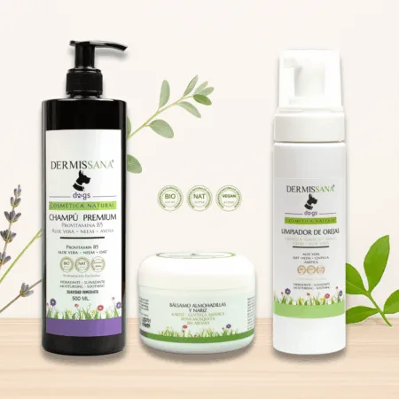 Pack rutina natural para perros: champú Premium 500 ml, limpiador de orejas 200 ml y bálsamo almohadillas 100 ml