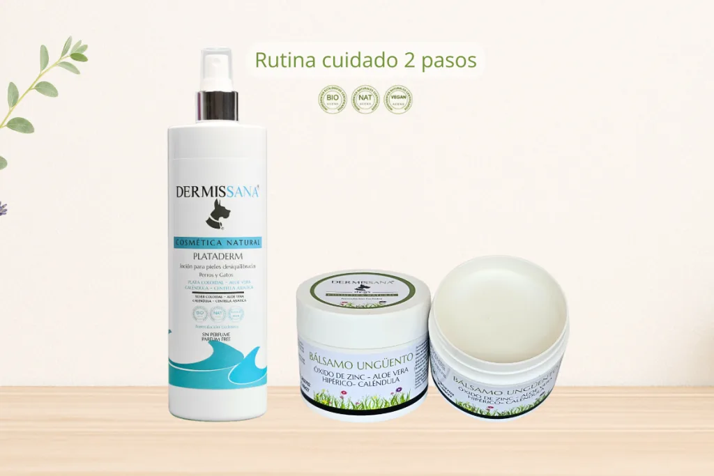 Spray Plataderm y Bálsamo Ungüento Dermissana para limpiar y proteger una herida leve en perros