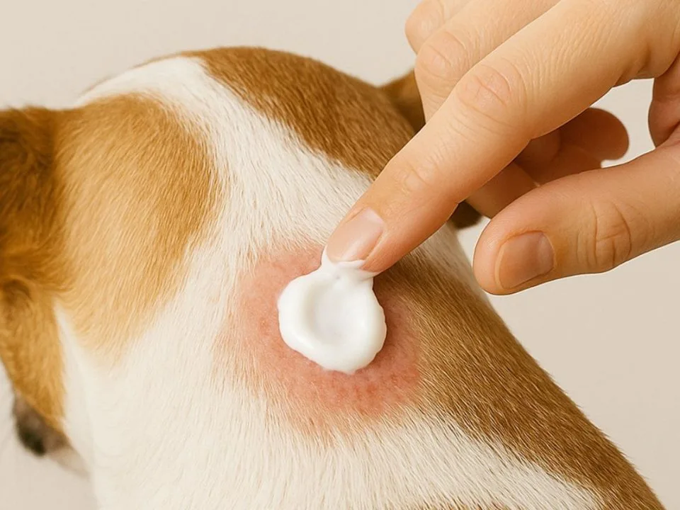 herida en perro con zona sin pelo y aplicación de crema en la piel