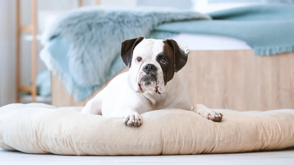 Perro bóxer tumbado en una cama acolchada para evitar los codos pelados